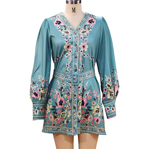 Abito Zimmer da donna all'ingrosso estivo bohémien stampa floreale a maniche lunghe con scollo a V stile stile impero taglia XL per le uscite di un giorno del Club - Product Image 4