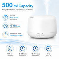 Diffuseur d'arômes blanc sans BPA de 500 ml, humidificateur à huile essentielle, brume fraîche, LED 7 couleurs, arrêt automatique, minuterie 1H/3H/6H, maison, bureau, spa