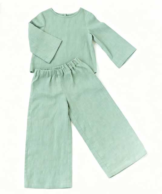 Two Piece Set of Casual Knitted Breathable Cotton Green Long-sleeved Shirts and Long Pants for Girls in Spring and Summer