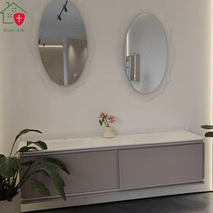 Meuble-lavabo de salle de bain gris froid moderne avec finition laquée en mélamine, lavabo double blanc, double miroir, style hôtel - Product Image 2