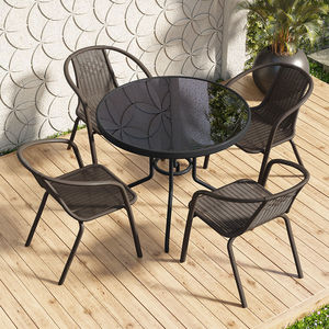 Juego de <span class=keywords><strong>mesa</strong></span> de comedor <span class=keywords><strong>y</strong></span> silla para exteriores negro Marco de metal superior de vidrio para Patio Jardín Balcón - Product Image 1
