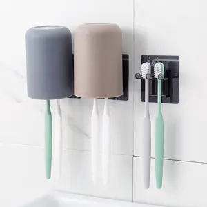 플라스틱 도매 저렴한 드릴 무료 이동식 욕실 펀칭 벽 마운트 칫솔 홀더 구강 컵