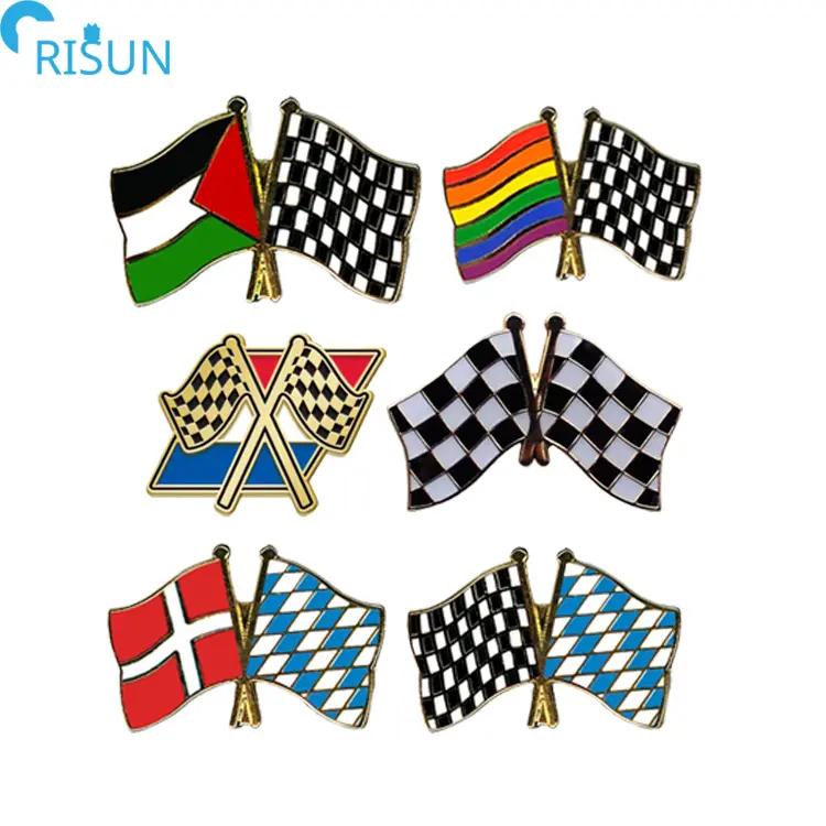Fabbrica bandiera incrociata a scacchi nero bianco smalto Pin Logo personalizzato bandiera da corsa distintivo personalizzato Palestine bandiera