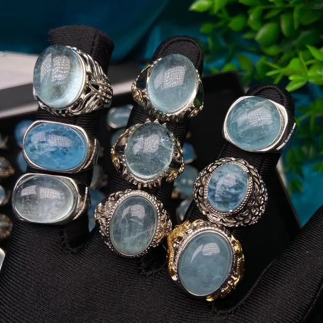 Atacado Banhado A Prata Natural Aquamarine Anel para homens Pedra De Cristal Quartzo Gemstone Anel Ajustável Jóias