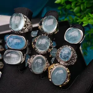 Wholesale Plated Silver Natural Aquamarine Ring for men Crystal Stone Quartz Gemstone Adjustable ring Jewelry
