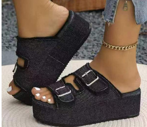 <span class=keywords><strong>Sandales</strong></span> <span class=keywords><strong>compensées</strong></span> en jean à franges pour femmes, avec double boucle métallique, style mules à plateforme, pour l'été - Product Image 4