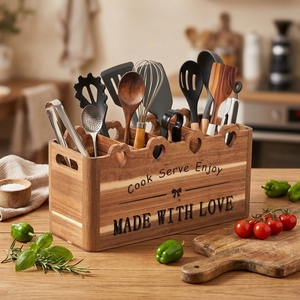 Porte-ustensiles pour comptoir de cuisine, 4 grands compartiments, organisateur en bois, panier de rangement classique, outils de cuisine, couverts - Product Image 1