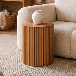 Modern Wooden Side <b>Table</b> with Round Top Vertical Groove Design Solid Wood Accent <b>Table</b> for Living Room Bedrooms - Product Image 1