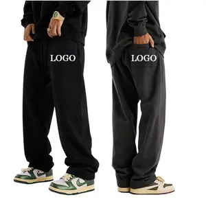 Özel Logo pamuk 500 GSM Baggy Sweatpants Jogger boş düz geniş bacak yığılmış Sweatpants erkekler