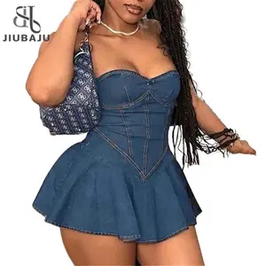 סטרפלס סקסי מחוץ לכתף ג'ינס מזויף קפלים שמלת מיני נשים מחוך ללא גב וינטג' מסיבה קצרה ווסטידו 2024