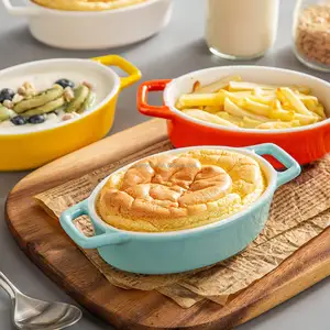 Souffle Dish 6 oz Creme Brulee Ramekins Oven Safe Oval Double Handle Ramekins for Baking、Ice Cream、Chicken Pot Pies