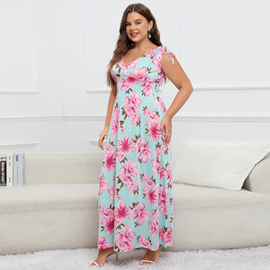 Robe longue d'été en soie glacée pour femmes grandes tailles, à bretelles, imprimée, style européen et américain, pour le commerce transfrontalier - Product Image 5