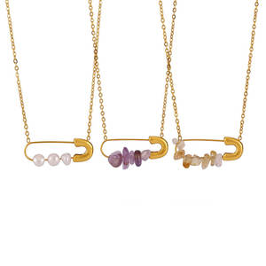 Collier personnalisé en acier inoxydable 316L plaqué or 14K 18K PVD, bijoux fins, collier à fermoir en forme de trombone avec pierres naturelles pour femmes - Product Image 1