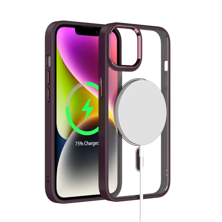 High Quality Colorful frame Hybrid Acrylic Hard Case for iPhone 14 13 12 11 Wireless Magnetic coil Transparent Skin Feel Case