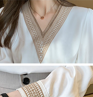 Chemisier blanc à manches longues pour femme, col en v, mousseline De soie, broderie, vente en gros, 8301