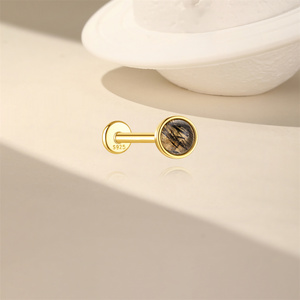 Pendientes Minimalistas de Plata S925 con Cuarzo Rutilado Negro Natural, Engaste Solitario con Bisel Roscado de 1.2x6mm, Parte Trasera Plana - Product Image 2