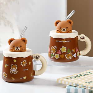 Creative Ceramic Bear <b>Mug</b> <b>Large</b> Capacity with Lid and Straw Cute Coffee <b>Mug</b> Gift Ceramic Cup - Product Image 2