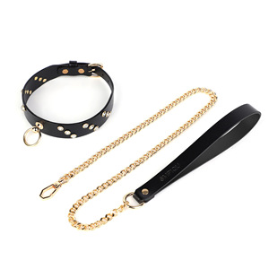 Collier en cuir véritable avec chaîne dorée et strass pour femme, ensemble de bijoux tendance - Product Image 1