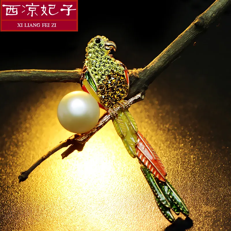 XILIANGFEIZI Clearance Sale Arrivals Jewelry Rhinestone Hand Enamel Natural Freshwater Pearl Parrot Brooch