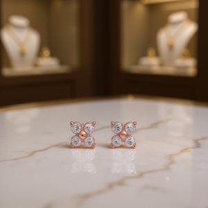 Orecchini a perno in oro rosa da 4 mm a forma di fiore con strass di cristallo incastonati a griffe, classici da donna per tutti i giorni E3919 - Product Image 2