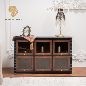 Mobiletto Modulare <span class=keywords><strong>Vintage</strong></span> in Legno con Ante in Vetro e Tessuto, Credenza Bicolore Estensibile, Porta TV per Soggiorno - Product Image 1