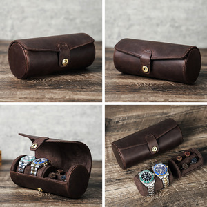Étui de voyage pour montre en cuir véritable Crazy Horse rétro, deux emplacements pour montres, rangement à boutons, boîte organisatrice cylindrique portable - Product Image 3