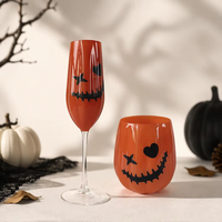 Verre à vin en verre soufflé à la main, motif citrouille peinte à la main pour Halloween, orange côtelé, pour décoration de fête, personnalisable