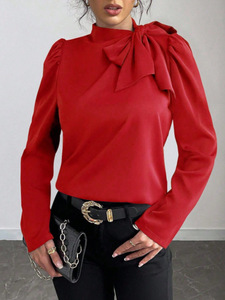 Chemise en satin pour femme, nouvelle collection automne/hiver, avec col et nœud latéral, haut à manches longues, tendance - Product Image 2