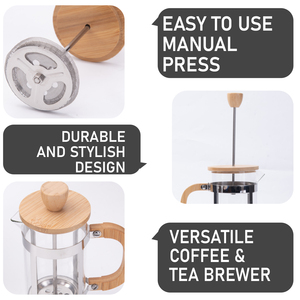 Cafetière à piston en verre de 600 ml avec poignée en bois et couvercle en acier inoxydable pour la maison et le café - Product Image 3