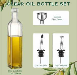 Venta caliente 16oz 500ml Botella dispensadora de <span class=keywords><strong>aceite</strong></span> de <span class=keywords><strong>oliva</strong></span> de cocina de vidrio transparente con tapas de caños - Product Image 2