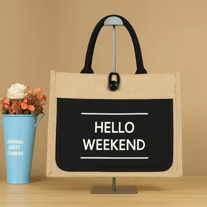 Sac fourre-tout réutilisable en jute avec poignées en coton, motif dessin animé en lin et chanvre, sérigraphié, style mode, promotionnel - Grande Vente - Product Image 2