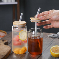 Gelas Air Jernih Model Kaleng Tumbler 16oz Gelas Bir Model Kaleng Dengan Sedotan Bambu dan Tutup Gelas Sedotan