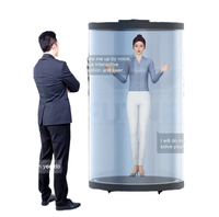 Kiosque holographique numérique, réceptionniste virtuel IA, écran tactile interactif, terminal publicitaire holographique pour hall de centre commercial