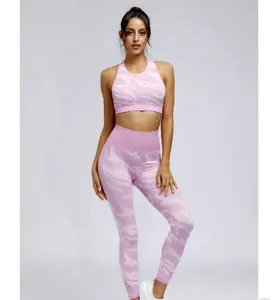 Conjunto de treino feminino em 2 peças, roupas de academia com cintura alta e calça legging, para yoga