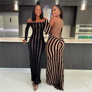 Sexy off shoulder long sleeve backless mesh see though slim long dress bodycon dress