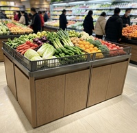 Fruit- en groente-eilanddisplayrek anti-vingerafdruk roestvrij staal houten combinatie supermarkt productenrek