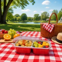 Conteneur alimentaire rectangulaire jetable rouge transparent sans BPA, recyclable, 550 ml, double paroi, couvercle anti-fuite, compatible micro-ondes pour le déjeuner