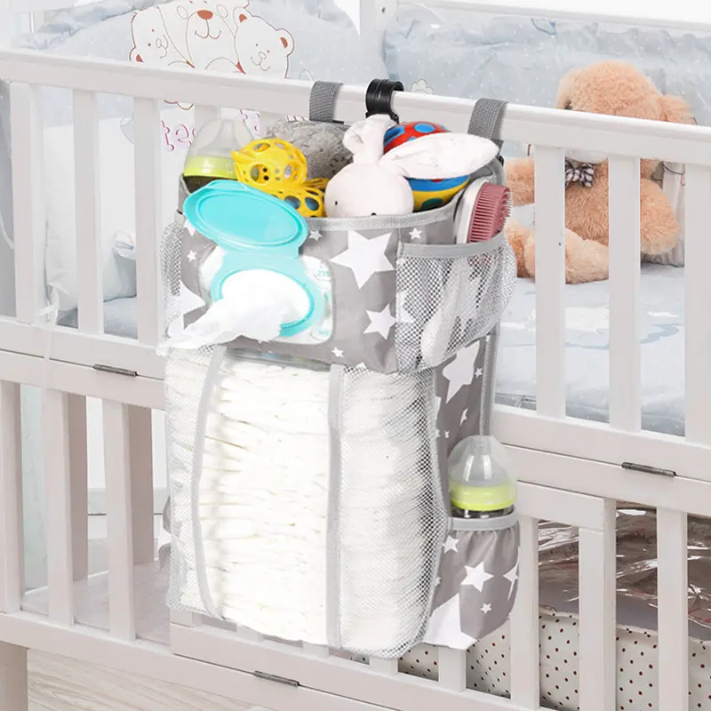 Dropshipping Baby Bedside Organizer Multifunctional Grey Oxford Cloth Baby Bed Crib Hanging Bag