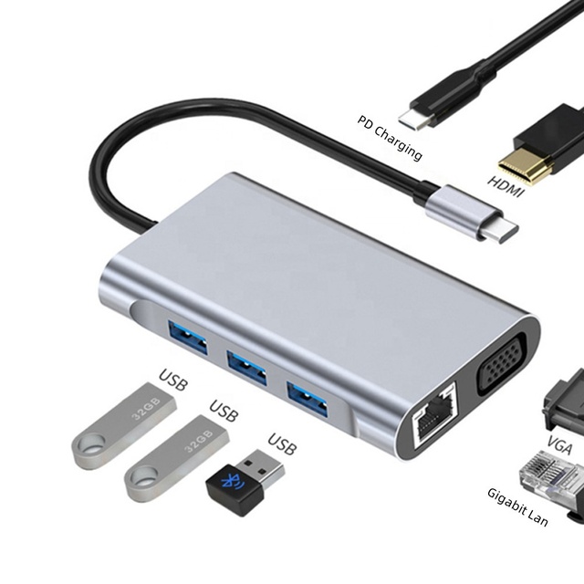 7 in 1 USB Type C Adapter Hub Dock with 3 USB 3.0 Ports HDMI VGA Gigabit Ethernet and PD Charging for Macbook Pro , iPad Pro Etc
