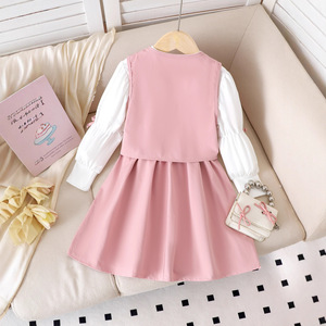 Nouvelle arrivée automne : Chemise blanche à manches longues style délicat pour petites filles, accompagnée d'un <span class=keywords><strong>gilet</strong></span> rose - Product Image 3
