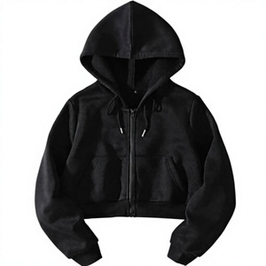 Women Fleece Full <b>Zip</b> <b>Up</b> <b>Cropped</b> Hoodie Sweatshirt 90s Long Sleeve Drawstring Hooded Crop Jacket Top with Pockets - Product Image 1