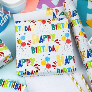 Happy Birthday Wrapping Paper Roll 46.5 Sq Ft Colorful Gold Foil Balloon Stars Gift <b>Wrap</b> for Kids Adults Birthday Party - Product Image 2