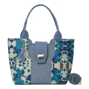 Sac fourre-tout en jute bleu Fana Eva, taille moyenne, motif lettres, usage quotidien, sac de plage - Product Image 1