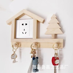 Cache-interrupteur mural en bois avec crochets porte-clés, décoration de salon, étagère de rangement, couleur naturelle, forme rectangulaire - Product Image 1
