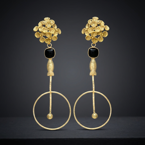 <b>Black</b> <b>Onyx</b> Gemstone Fish Design Gold Plated Dangle <b>Earring</b> With Flowers Stud - Product Image 3