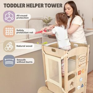 Tour d'apprentissage pliable <span class=keywords><strong>4</strong></span>-en-1 Tabouret d'aide à la cuisine pour tout-petits avec tableau noir Tour Montessori en <span class=keywords><strong>bois</strong></span> pour 1 à 6 ans - Product Image 2
