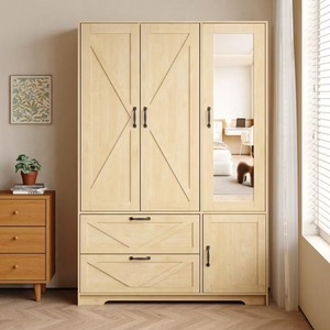 Armoire autoportante en panneaux de particules, finition naturelle, 3 portes, avec miroir, tringle de suspension et 2 tiroirs - Product Image 2