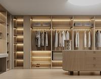 Dressing ouvert de luxe sur mesure |   Armoire minimaliste moderne sans portes avec îlot central et éclairage LED, rangement de chambre en bois haut de gamme