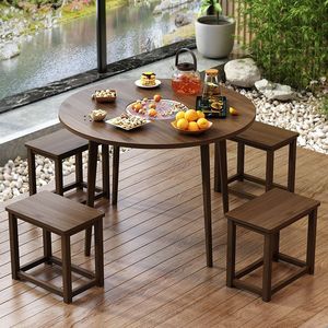 Outdoor <b>Round</b> Wood Tea <b>Table</b> With Stools For Balcony And <b>Garden</b> Durable Design - Product Image 1