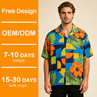 Chemise hawaïenne personnalisée en tissu mélange soie glacée, imprimé intégral feuilles d'hibiscus et palmiers, col camp, manches courtes, logo personnalisé sur mesure
